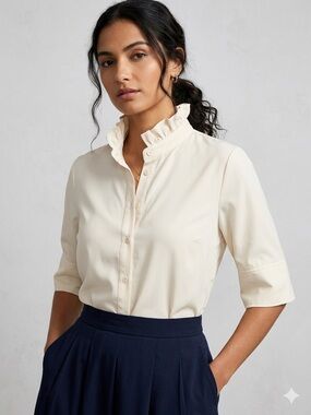 Ivory Ruffle Pie-Crust Collar Blouse | Victorian Style Elbow Sleeve Shirt